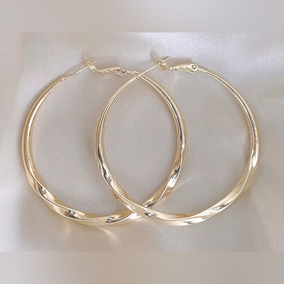 Pierced Hoop Earrings Large Silvertone Twisted Shiny and Brushed - Picture 3 of 4